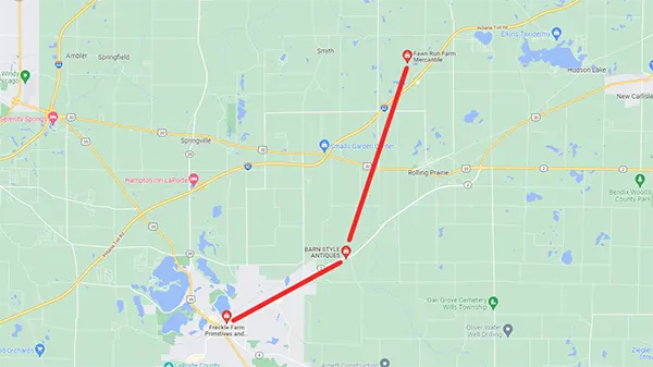 Barons Bus tickets city attractions Rolling Prairie indiana Barn shop hop map